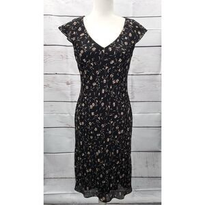 Vintage Modern Classics Cap Sleeve Bias Cut Midi Dress 1990s Black Floral Size 8